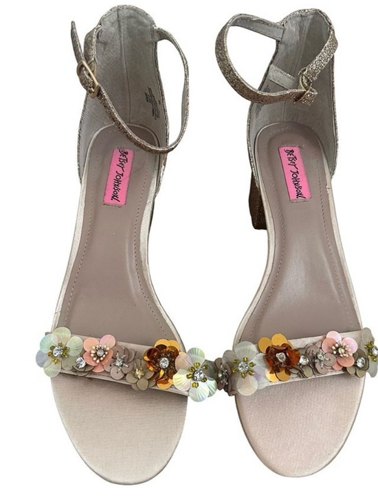 Betsey Johnson Shoes - Betsey Johnson Glitter Block Heel Sandal in Rose Gold with Floral Accent